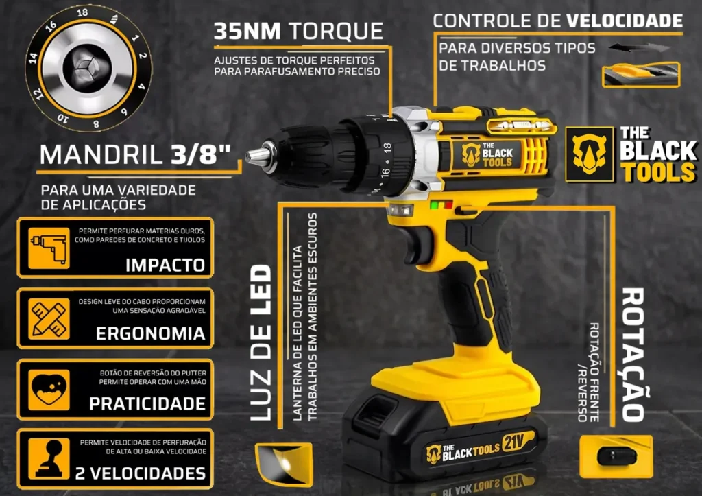 Parafusadeira E Furadeira Impacto The Black Tools Tb-21pw 3/8 Cor Amarelo Frequência 50/60 Hz