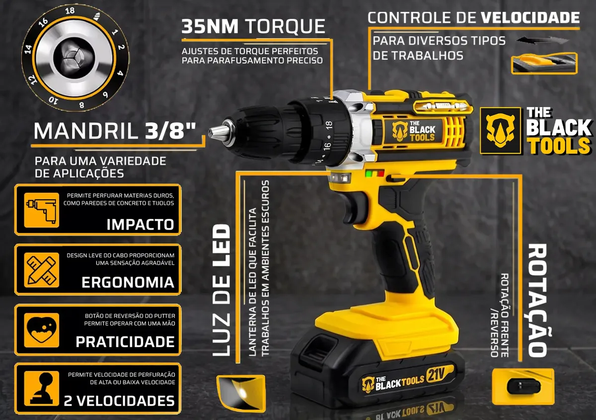 Parafusadeira E Furadeira Impacto The Black Tools Tb-21pw 3/8 Cor Amarelo Frequência 50/60 Hz